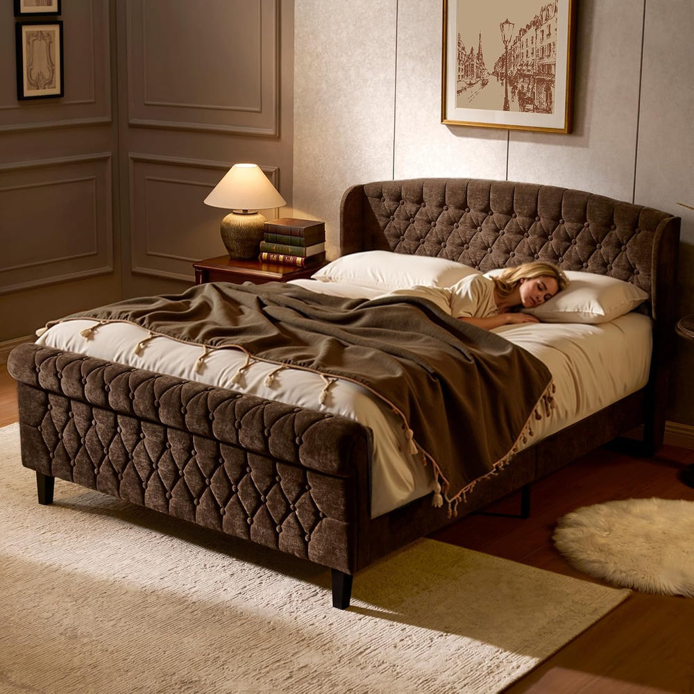 BedsPick Brown Upholstered Queen Bed Frame with 42" Wingback Headboard, ...
