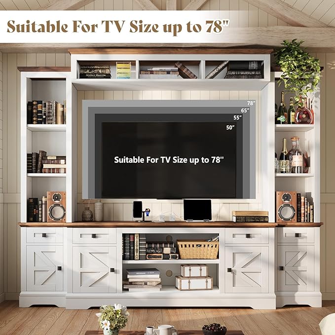 AMERLIFE 98" Farmhouse Wall Unit Entertainment Center with Bookshelves, ...