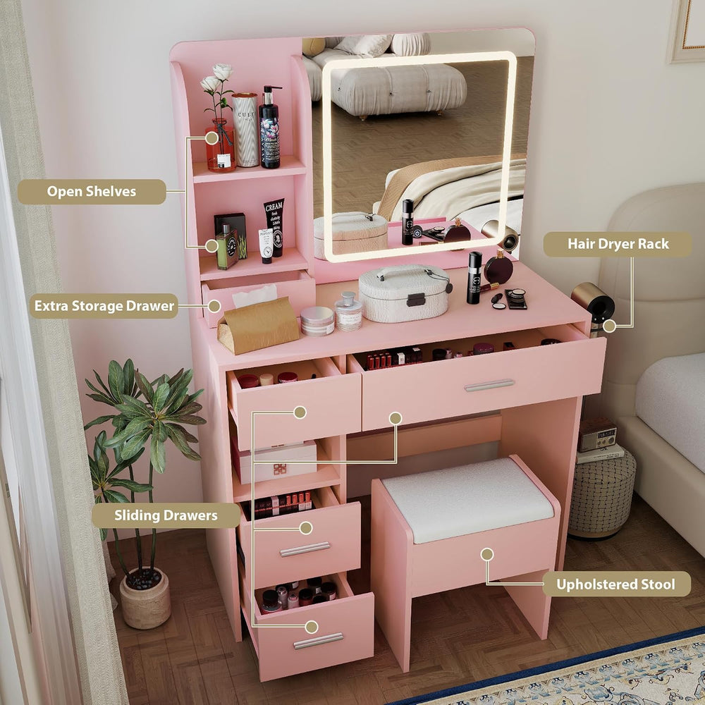 Vanity Desk with LED Mirror, Power Outlet, 5 Drawers Makeup Table | Smart LED...