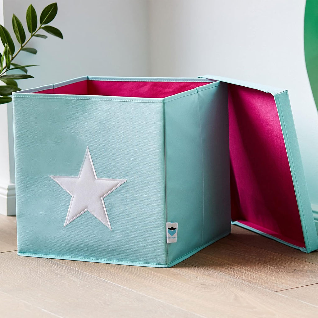 STORE.IT storage box with lid, mint green with white star, medium-density fibreboard reinforced, polyester/MDF, 33 x 33 x 33 cm (672265)