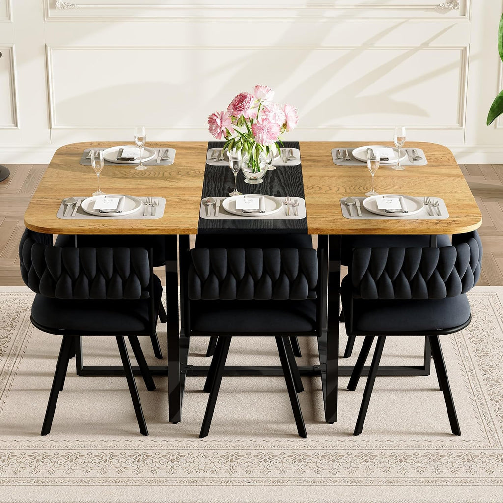 dining room table set for 6, 7-Piece Modern Kitchen & Living Room Set, 59" Space-Saving Two-Tone Wood Grain Rectangular Table with 6 PU Leather Chairs, Metal Frame for Apartment & Small Spaces