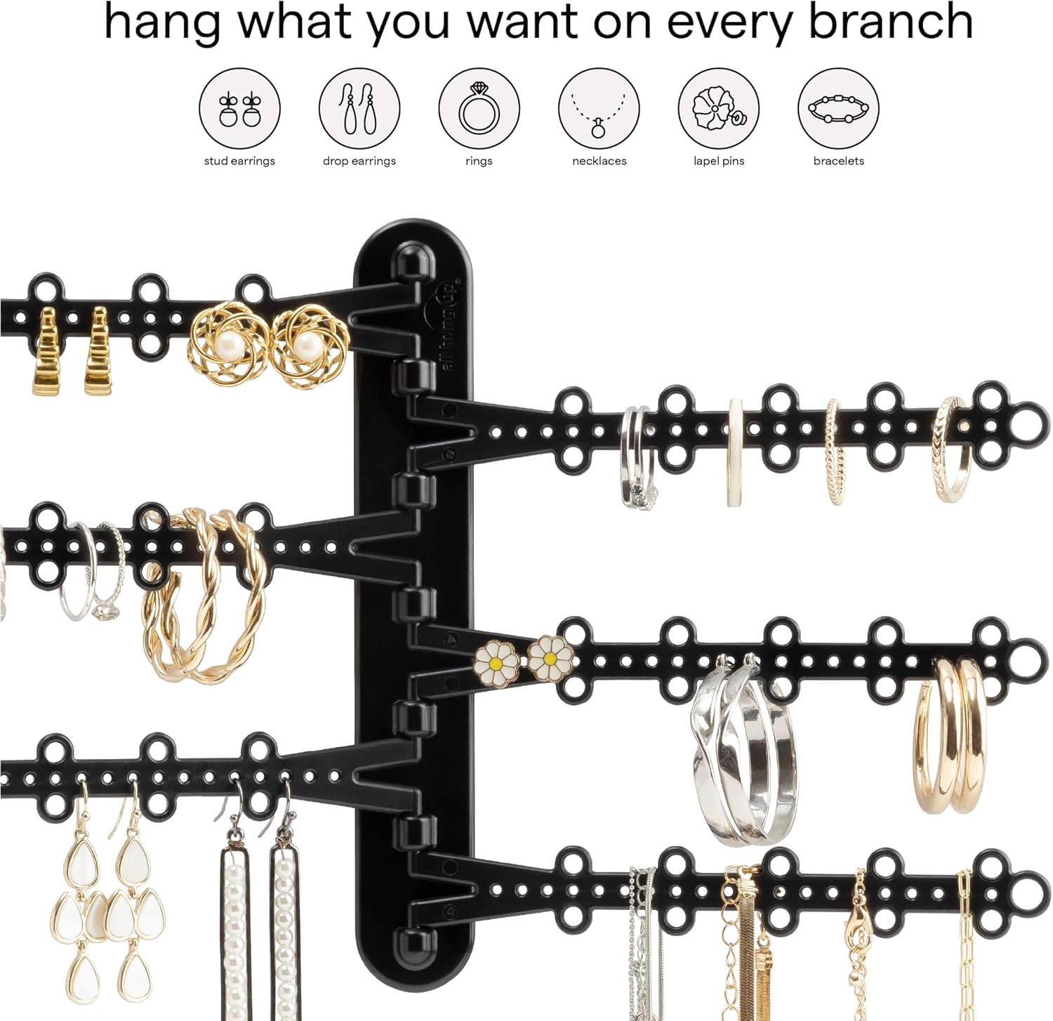 6-Tier Hanging Wall Jewelry Organizer, Earring, Necklace, Ring Holder-Black | Large Capacity with 120 Earring Holes, Rotating Branches, Includes 3M Command Strips, Bracelet, Ring & Necklace Storage