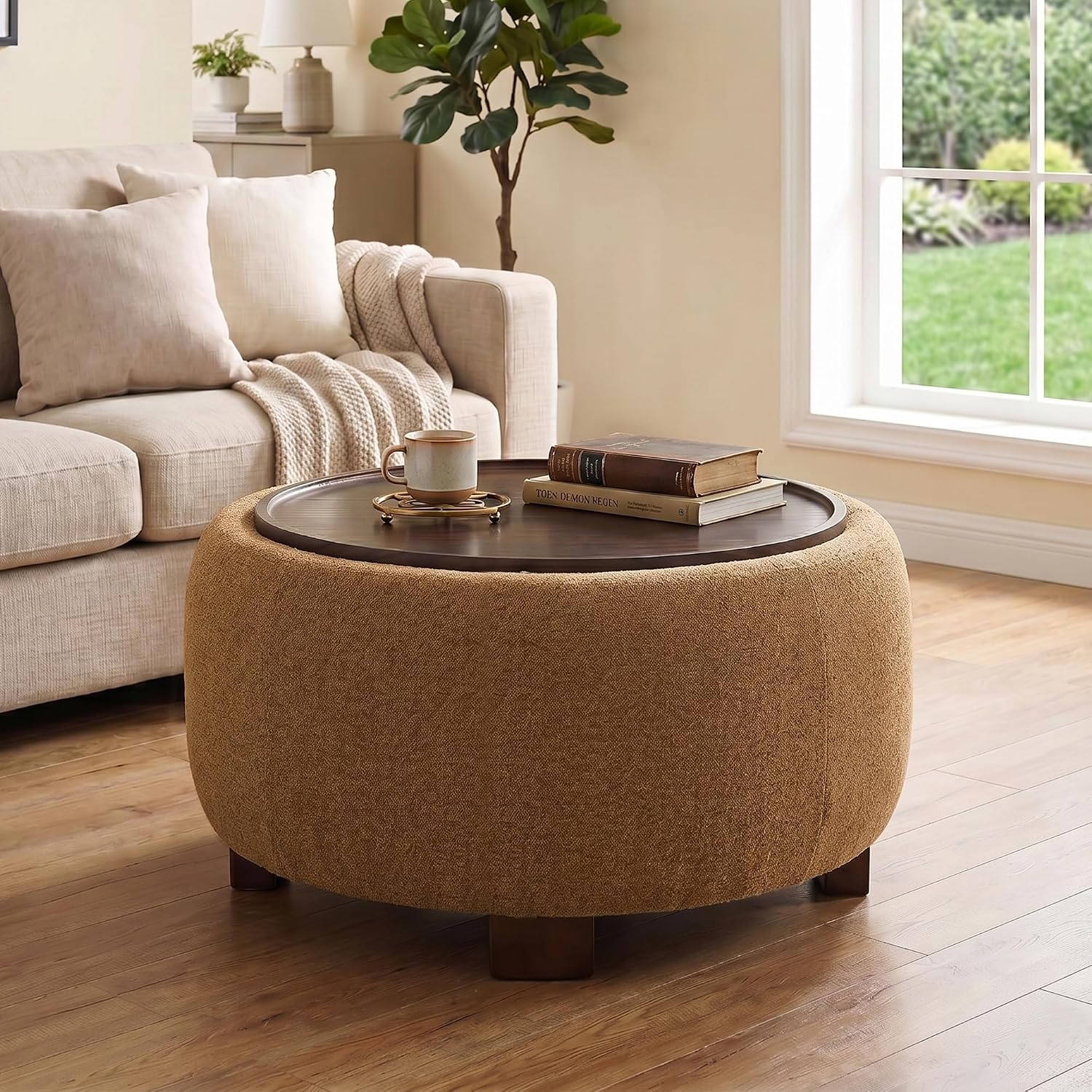 VKNOW 30" Round Storage Ottoman Coffee Table, Ottoman with Sotrage with Lift-Off Lid and Solid Wood Legs, Coffee Tables for Living Room, Bedroom, Apartments, Corners, Orange