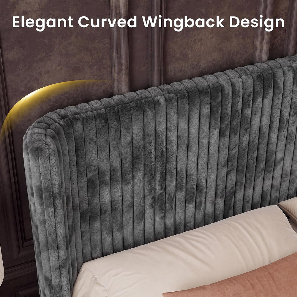 Queen Bed Frame with Faux Fur Upholstered Curved Wingback Headboard & Foo...
