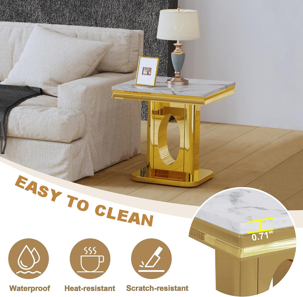 Luxury Square End Table, 23" White Faux Marble Top and Gold Mirror Stain...