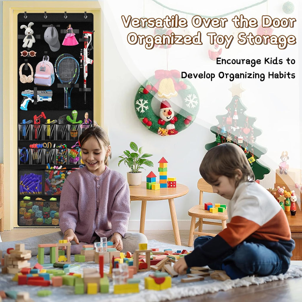 Over the Door Organizer for Building Blocks, Kids Toys Storage with Pockets and Slots for Stuffed Animal, Foam Blasters, Darts, Door Organizer hanging for Toys Storage, Kids Game Rooms