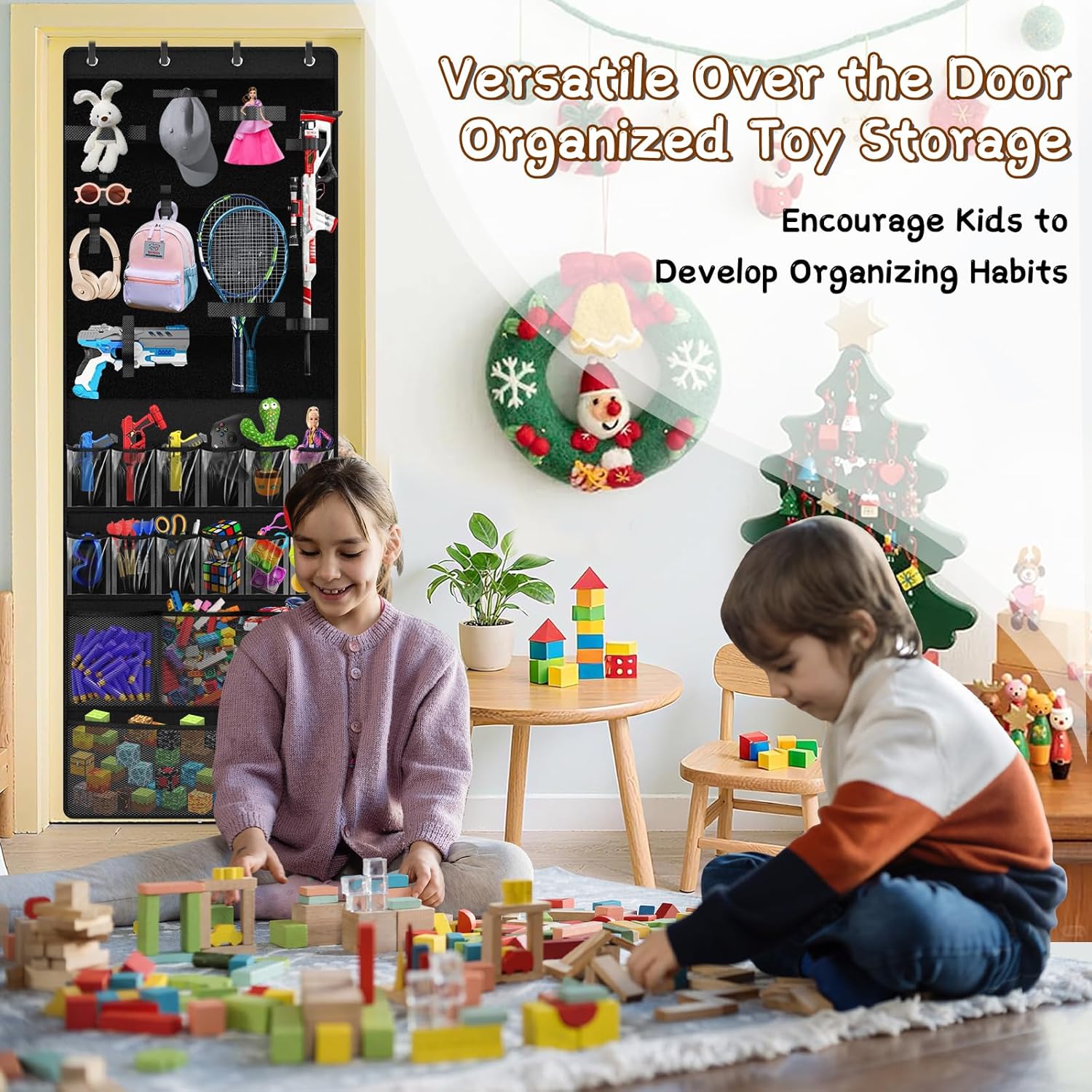 Over the Door Organizer for Building Blocks, Kids Toys Storage with Pockets and Slots for Stuffed Animal, Foam Blasters, Darts, Door Organizer hanging for Toys Storage, Kids Game Rooms