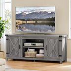 YESHOMY Modern Farmhouse TV Stand with Two Barn Doors and Storage Cabinets for Televisions up to 65+ Inch,Entertainment Center Console Table,Media Furniture for Living Room,Light Grey