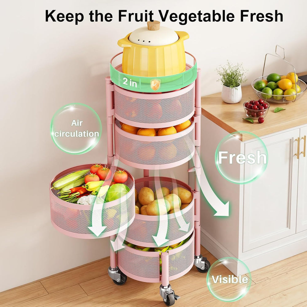SAYZH 5 Tier Fruit Vegetable Basket Stand for Kitchen, Rotating, Pink | Rolli...
