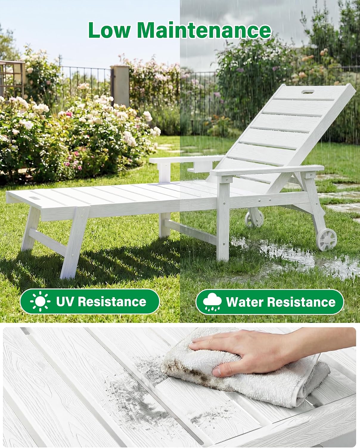 YEFU Lounge Chair Outdoor Set of 2, HIPS Chaise Lounge Outdoor, White | Lounge Chair with Wheels & Cup Holder, 5-Level Adjustable Backrest,Weather Resistance, Easy to Assemble, For Patio/Beach/Pool