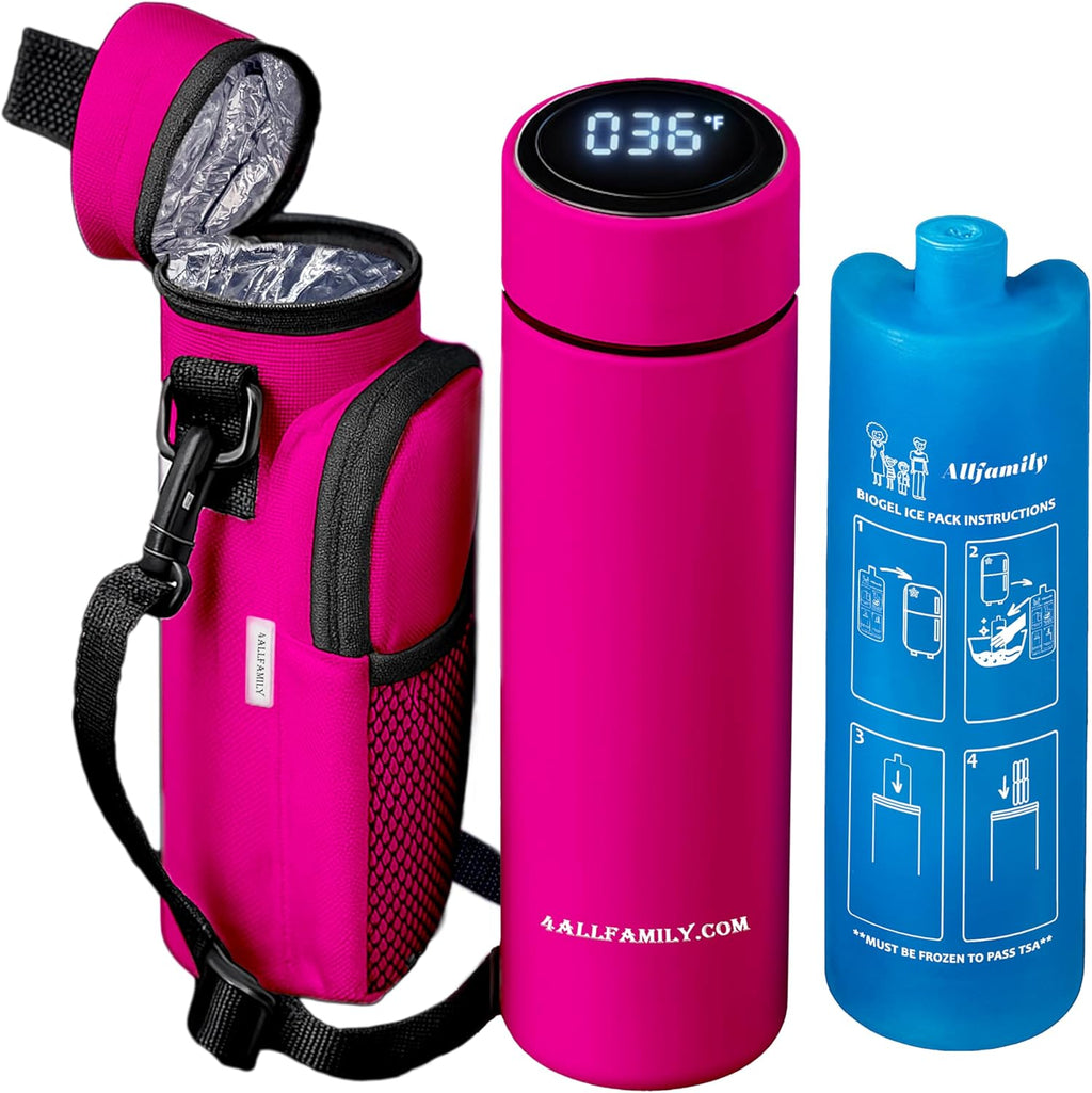 4ALLFAMILY Nomad Medium Pro Insulin Cooler Travel Case – TSA Approved Medicine Cooler with Biogel Ice Pack & Temp Display – Portable Diabetic Cold Case with Insulated Medicine Bag - Medium Pro Pink