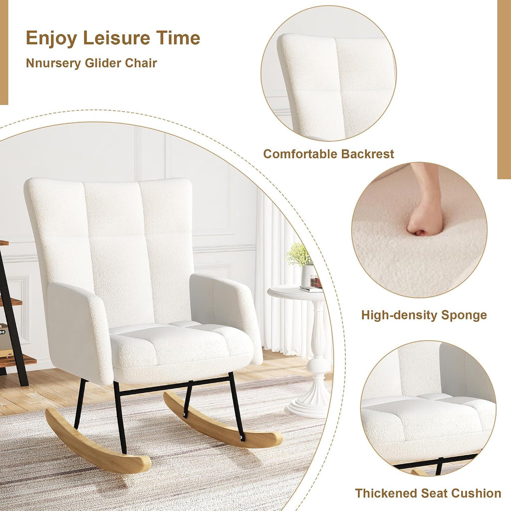 DKLGG Nursery Rocking Chair, Soft Teddy Fabric Rocking Chair Padded Seat with High Backrest for Nursery, Comfy Wingback Glider Rocker with Solid Wood Base for Living Room Bedroom(White)