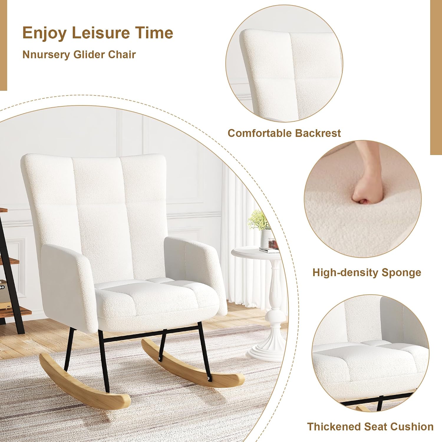 DKLGG Nursery Rocking Chair, Soft Teddy Fabric Rocking Chair Padded Seat with High Backrest for Nursery, Comfy Wingback Glider Rocker with Solid Wood Base for Living Room Bedroom(White)