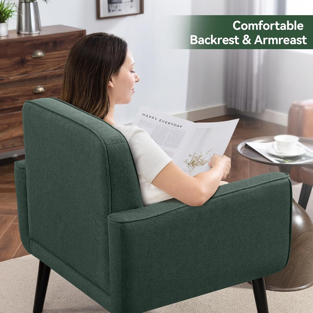 Mid Century Modern Accent Chair, Fabric Reading Armchair, Green | 300LBS Capacity, Padded Seat, Stain-Resistant Fabric, Sturdy Wood Frame, Easy Assembly, Ideal for Living Room & Bedroom
