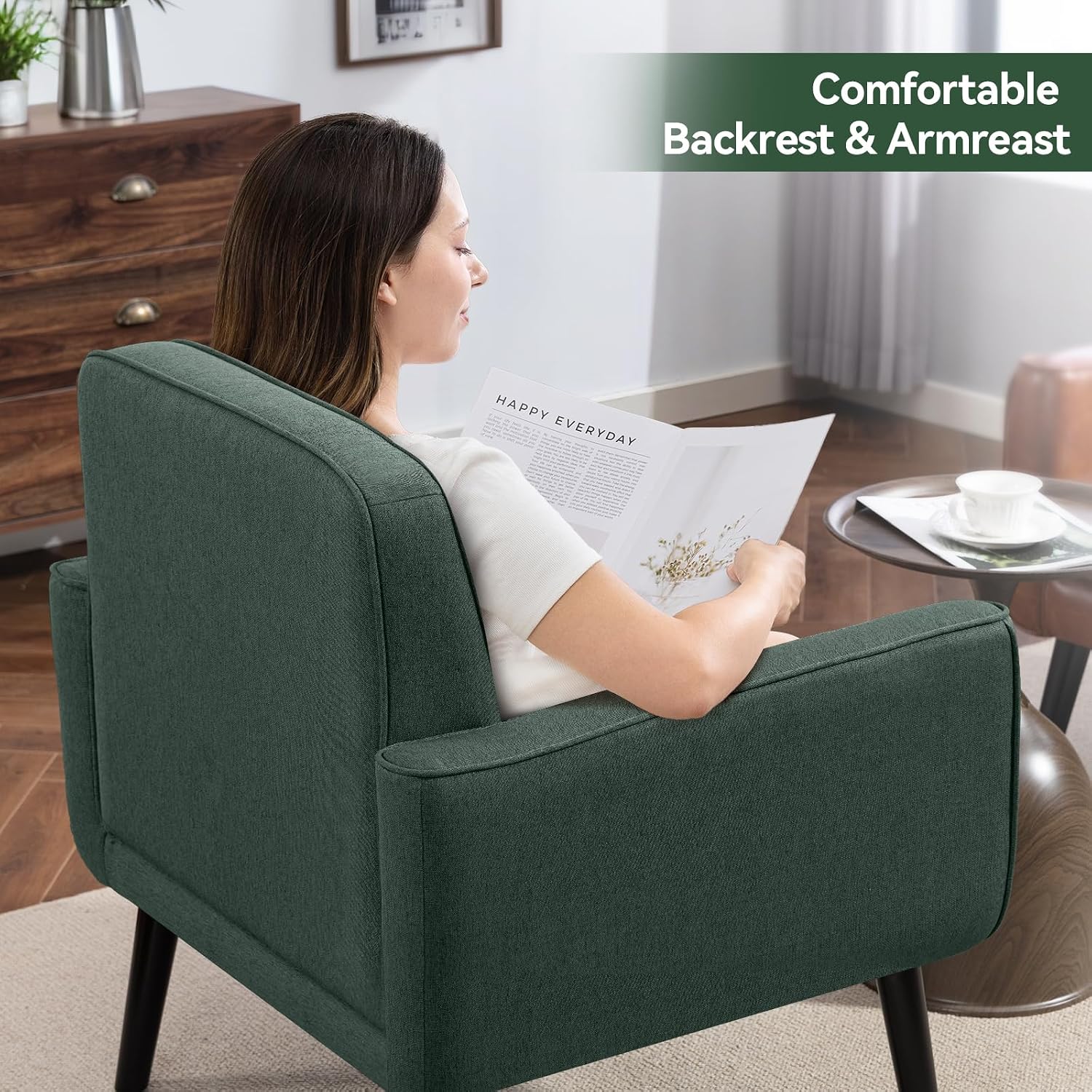 Mid Century Modern Accent Chair, Fabric Reading Armchair, Green | 300LBS Capacity, Padded Seat, Stain-Resistant Fabric, Sturdy Wood Frame, Easy Assembly, Ideal for Living Room & Bedroom