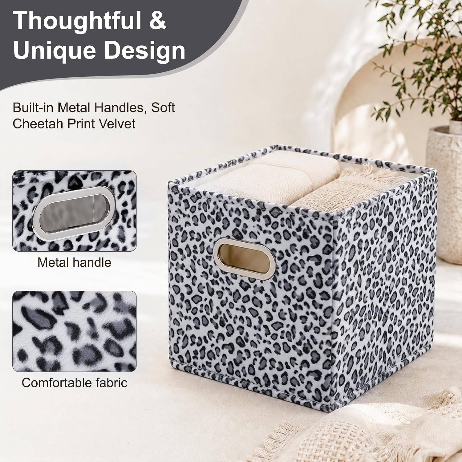 ANMINY Leopard Cheetah Print Storage Cubes Bins with Lids, 11Inch 2PCS | Velvet, PP Board Frame, Collapsible & Washable, Built-in Metal Handles, Animal Themed Fabric Cubes, Closet Shelves, Gray