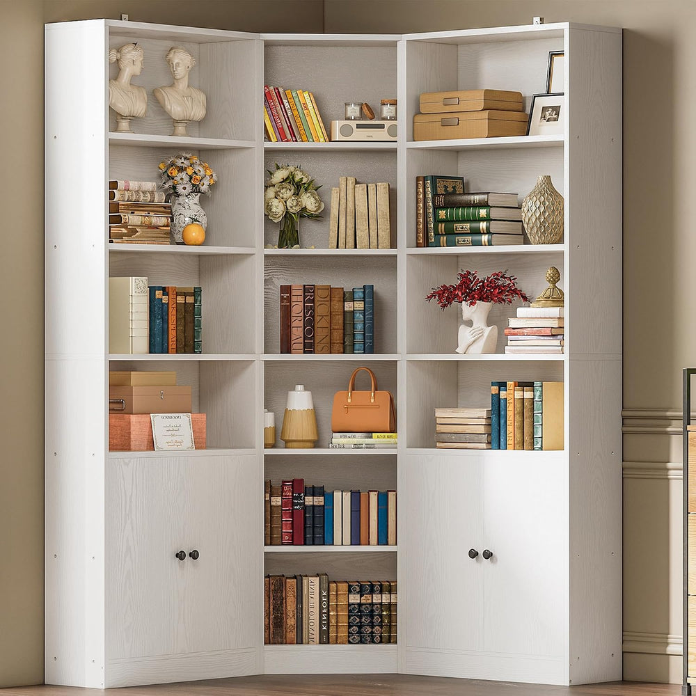 IRONCK Corner Bookshelf, 71" Tall Bookcase with 2 Storage Cabinets, White