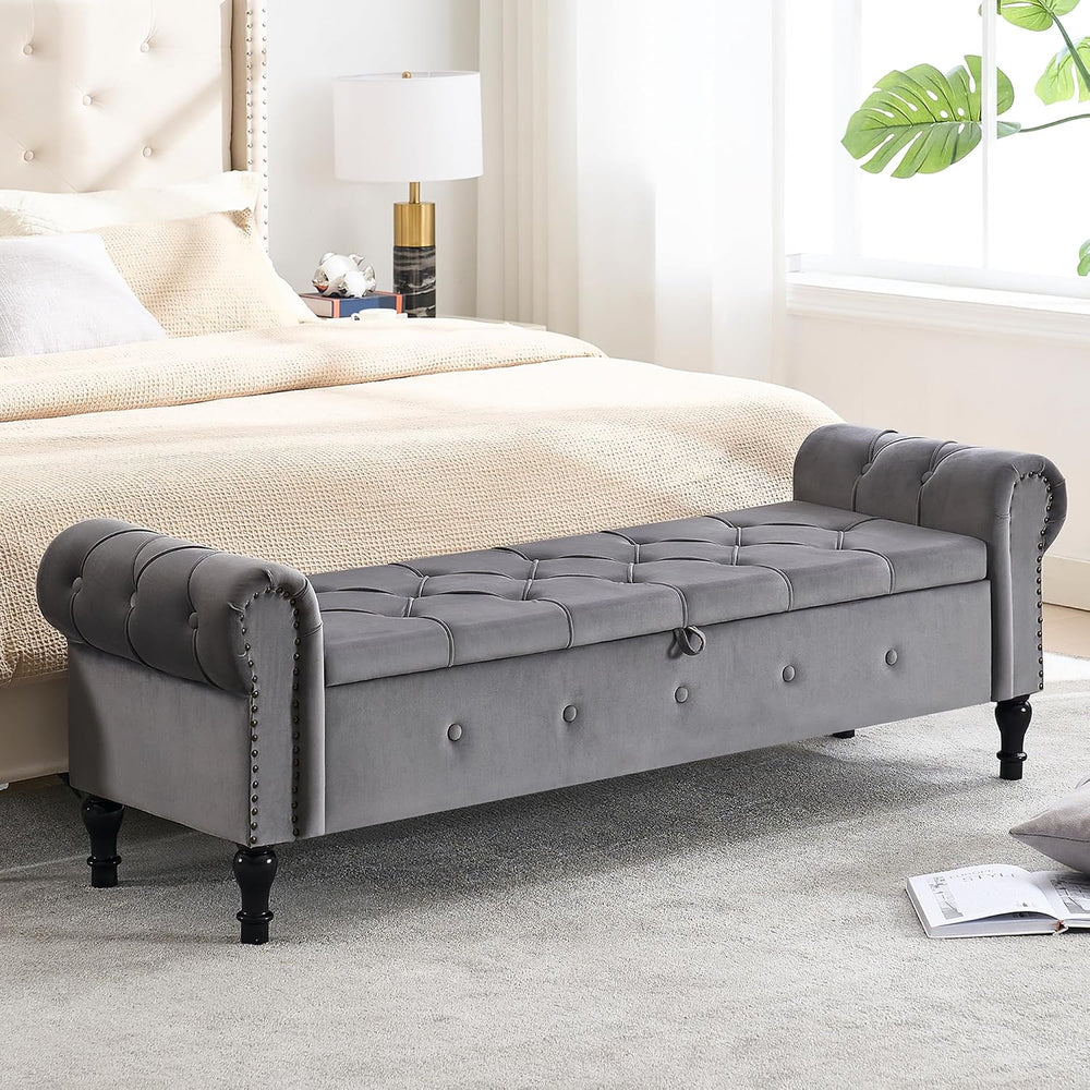 Storage Bench 67" Velvet End of Bed Benches Dark Grey | King Size Storag...