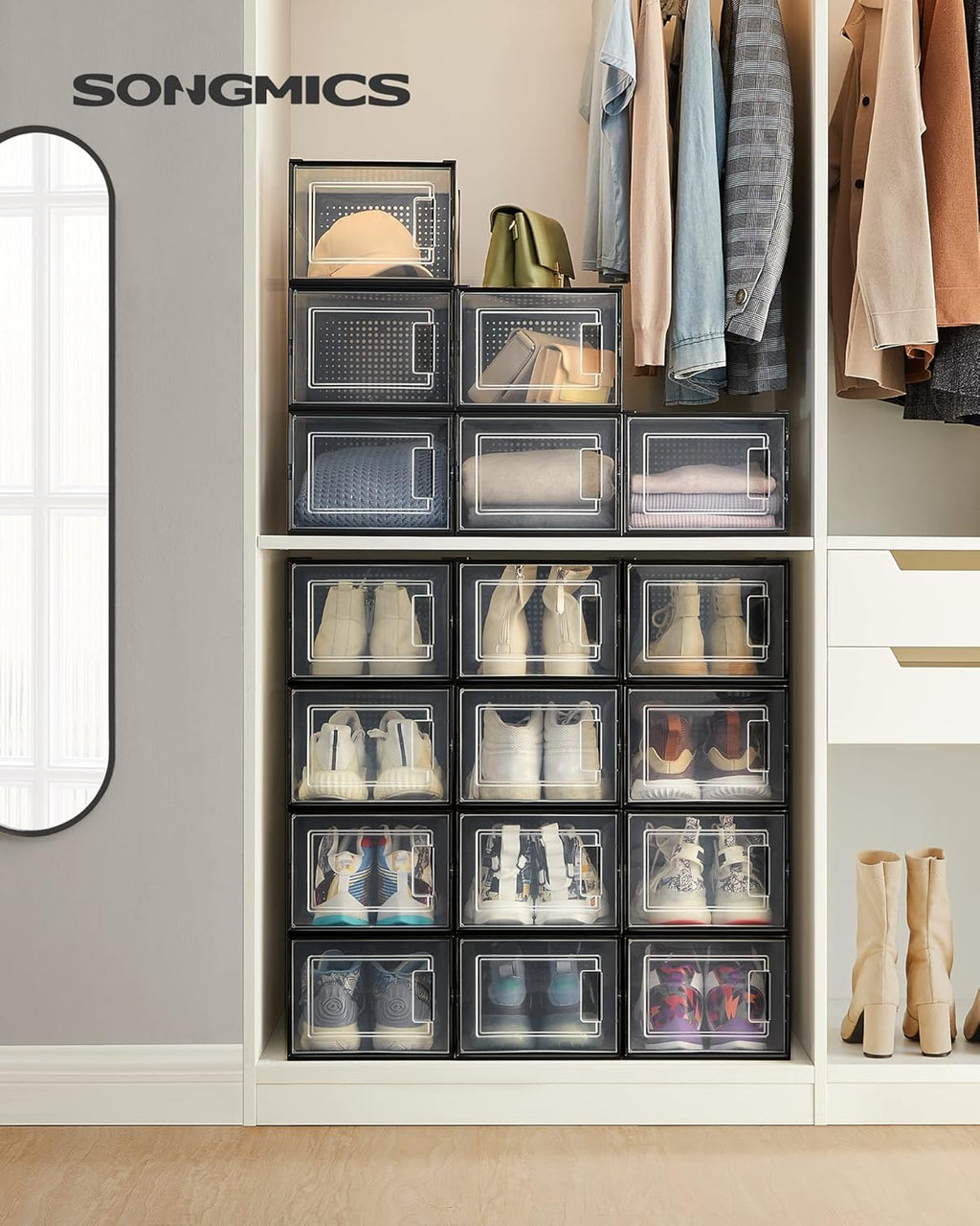 SONGMICS Shoe Boxes, Pack of 18 Shoe Storage Organizers, Stackable Clear Plastic Boxes for Closet, Sneakers, 13.7 x 9.9 x 7.4 Inches, Transparent and Black ULSP007B18