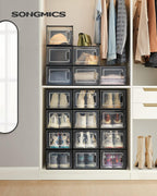 SONGMICS Shoe Boxes, Pack of 18 Shoe Storage Organizers, Stackable Clear Plastic Boxes for Closet, Sneakers, 13.7 x 9.9 x 7.4 Inches, Transparent and Black ULSP007B18