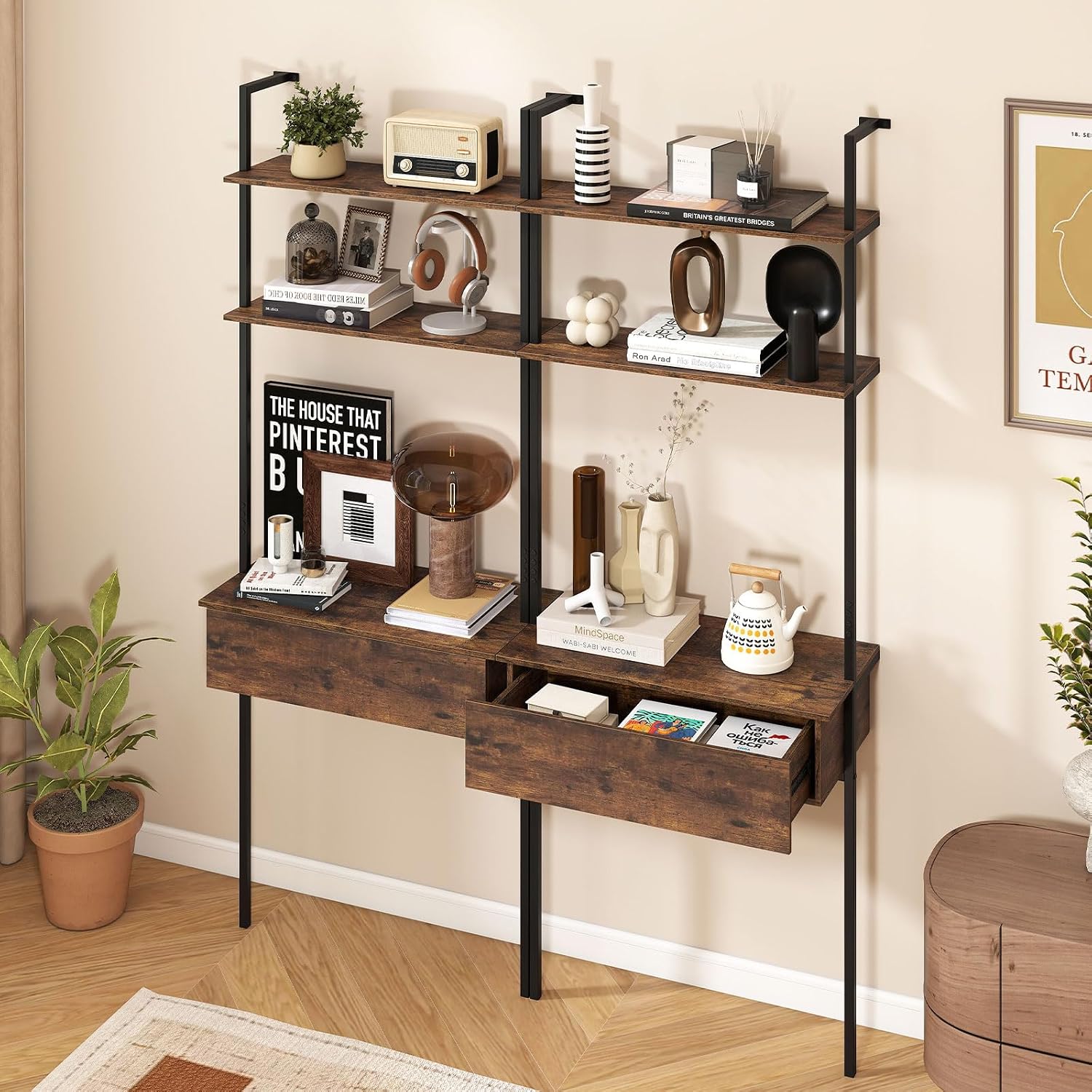 Giantex 4-Tier Ladder Bookshelf Set of 2, Wall Mounted Storage Shelf | Industrial Open Display Shelf w/2 Anti-Tipping Kits, Drawer & Metal Frame, Compact Storage Organizer for Living Room, Office
