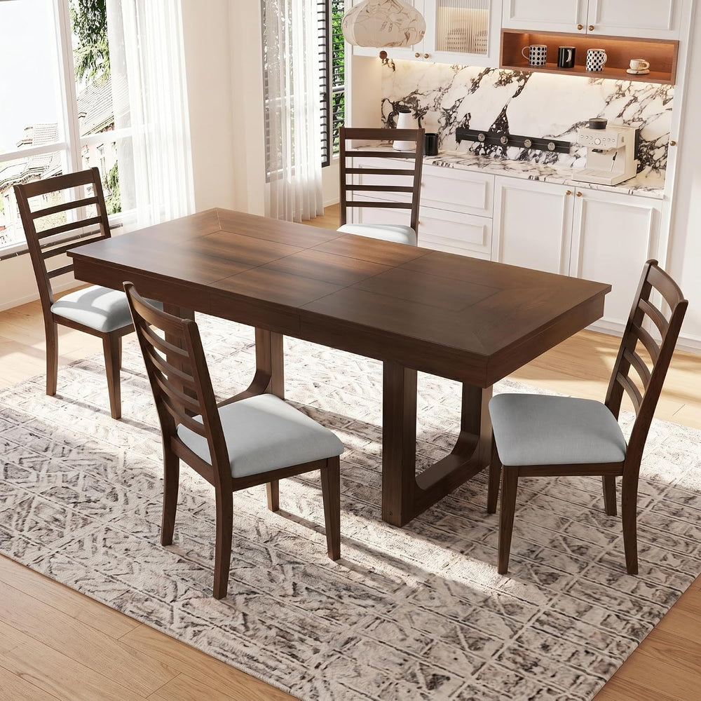 Farmhouse Extendable Dining Table Set with 8x10 Beige Washable Non-Slip Area ...
