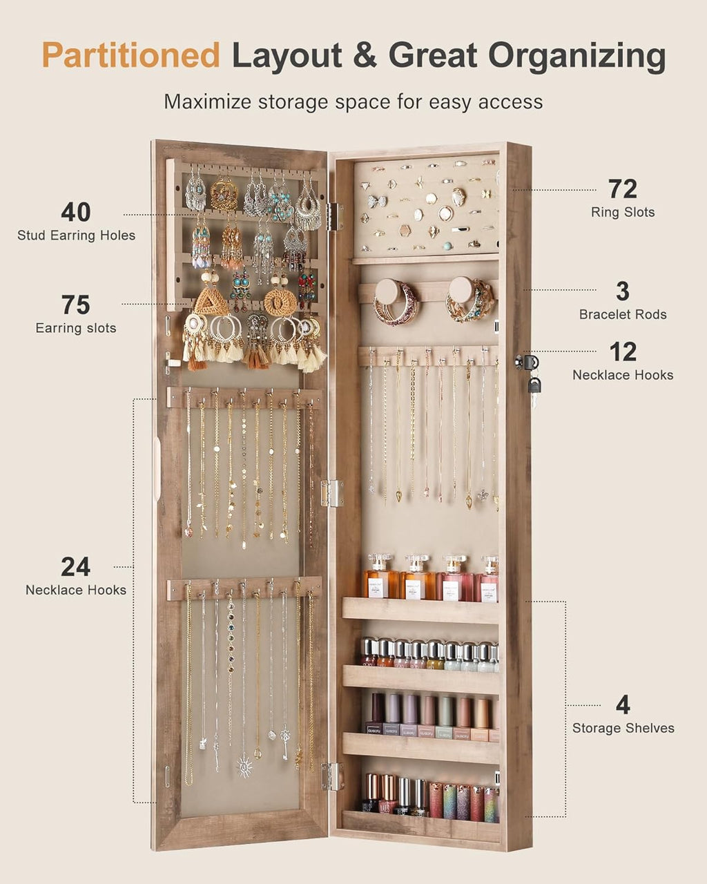 Nicetree Mirror Jewelry Cabinet, Jewelry Armoire with Full Length Mirror,Mirror with Jewelry Storage Wall/Door Mounted, Lockable Jewelry Armoire Organizer,Toasted Oak
