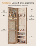 Nicetree Mirror Jewelry Cabinet, Jewelry Armoire with Full Length Mirror,Mirror with Jewelry Storage Wall/Door Mounted, Lockable Jewelry Armoire Organizer,Toasted Oak