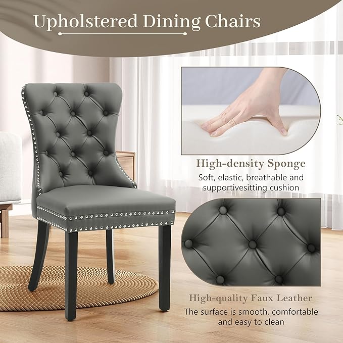 KCC Faux Leather Dining Chairs Set of 6, Upholstered High-end Tufted Dining R...