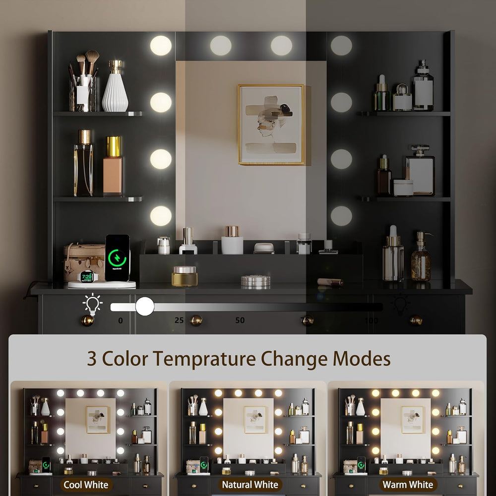 HUANLEGO Vanity Desk with Mirror and Lights, Makeup Vanity with Mirror and LE...
