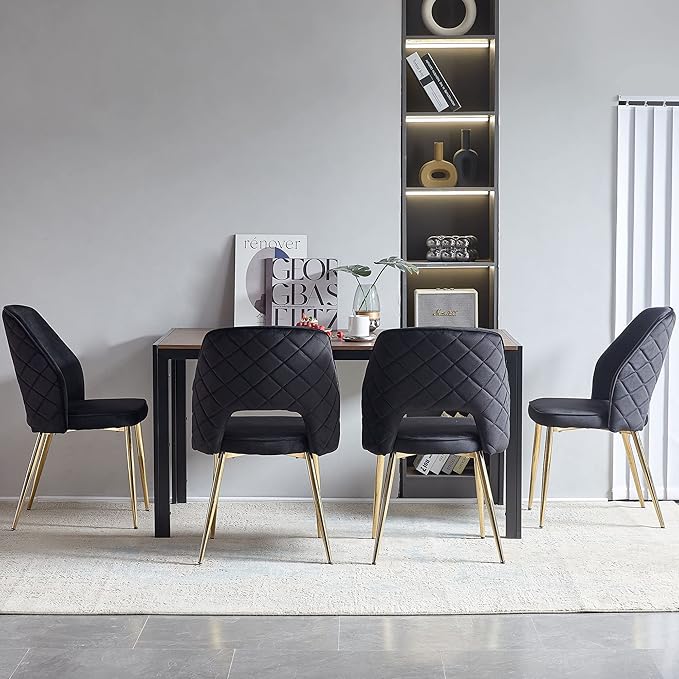 NORDICANA Modern Dining Chair Set of 4, Black Velvet Fabric Upholstered Accent Chairs with Golden Metal Legs, Round Back Side Chairs for Kitchen Living Room Bedroom