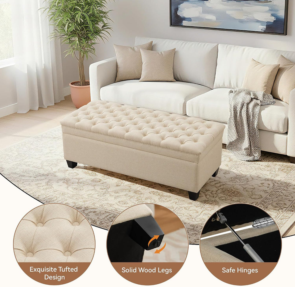 50" Storage Ottoman Bench, Rectangular End of Storage Bench, Upholstered...