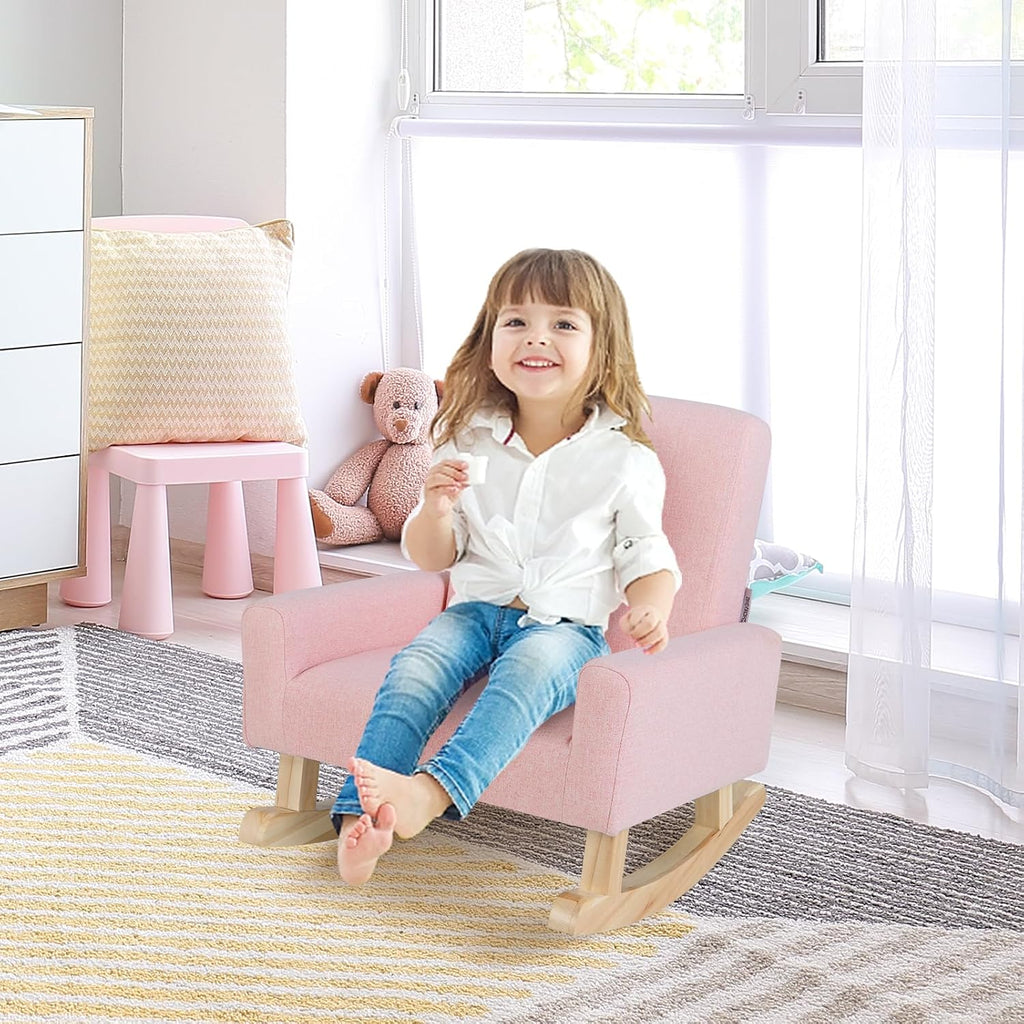 HONEY JOY Toddler Rocking Chair, Kids Rocker with Solid Wood Legs & Linen Fabric, Anti-Tipping Design, Toddler Couch for Kids Room, Playroom, Nursery, Bedroom (Pink)