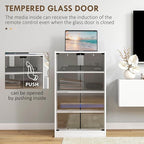 HOMCOM Media Cabinet, 4-Tier Stereo Cabinet for Vinyl Record Player, Gaming Console, AV Record Player Stand with Adjustable Shelves, Push-to-Open Glass Doors and Cable Management, Distressed White