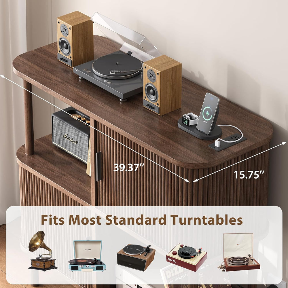 40" Large Record Player Stand with Charging Station, Mid Century Modern ...