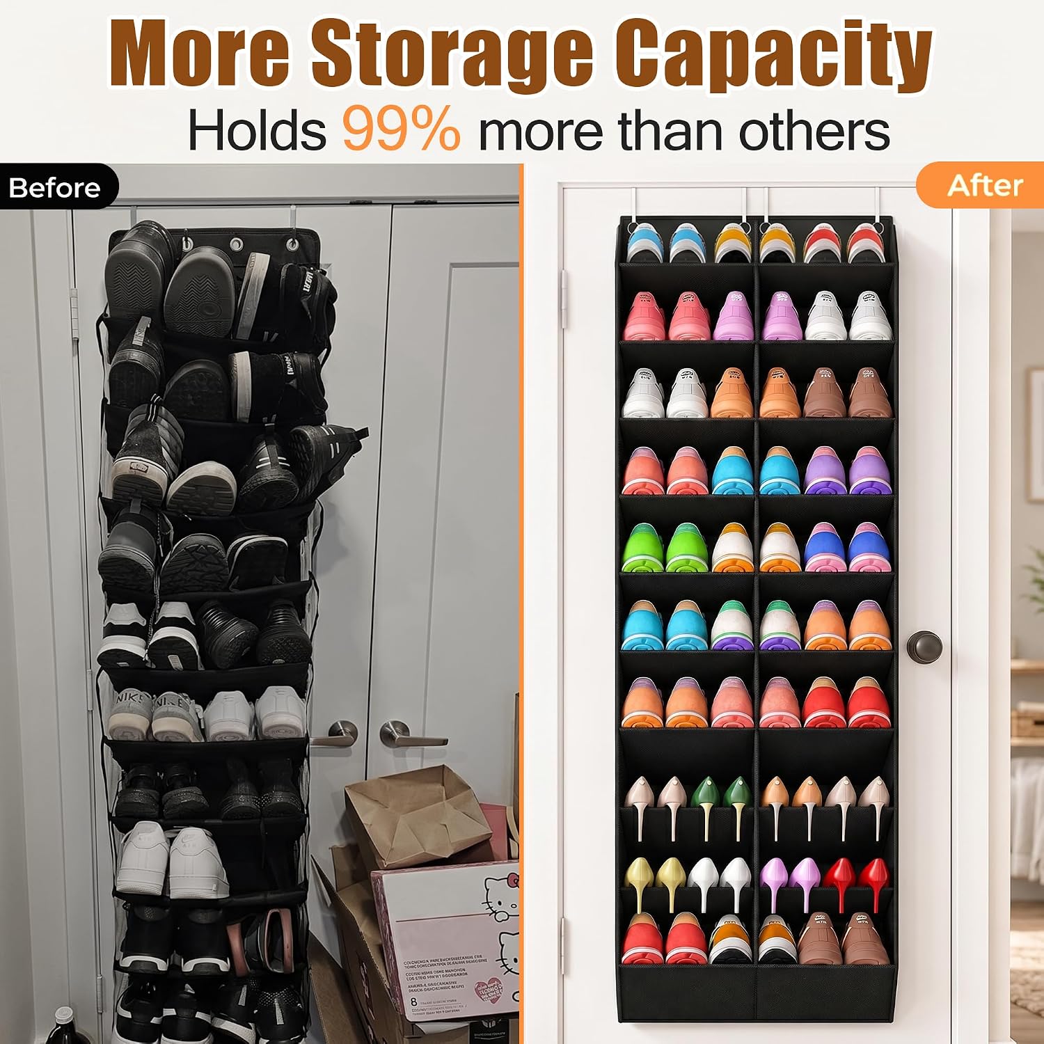 20-30 Pairs Over the Door Shoe Organizer, Breathable Pockets Hanging Shoe Storage for Closet, 10-Tier Door Shoes Rack, Handing Shoes Holder Fit All the Family's Sneakers, Boots, Heels, Black