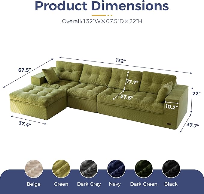 MAXYOYO 132" L Shaped Modular Sectional Sofa with Ottoman, Cloud Boneless Couch with Layered Cushion, Upholstered Sofa in a Box, Flexible Module Combination for Living Room, No Assembly, Green