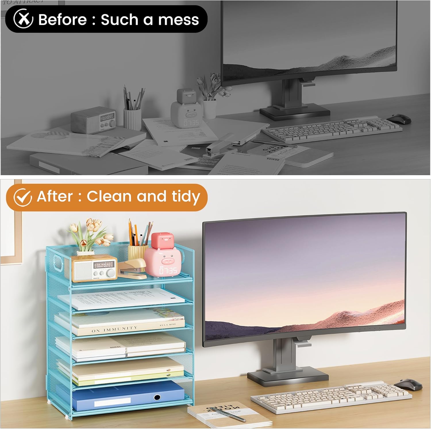 Subekyu 6-Tier Desk Paper Organizer, Desktop File Letter Tray with Handle, Document Sorter and Accessories Holder for Office, Home and School Workspace Organizers, Blue-2 Pack
