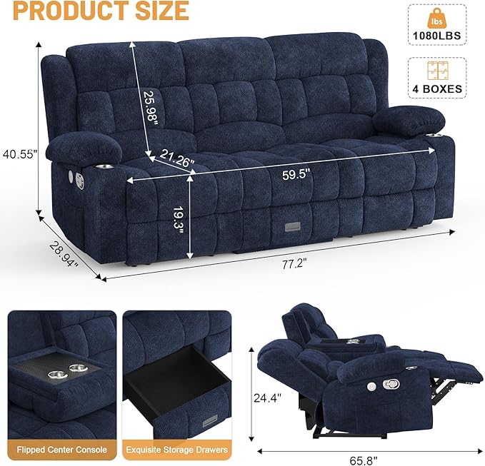 Loveseat Recliner Sofa, Flip Middle Backrest Design 3 Seat Reclining Sofa with Storage Drawer, USB Ports & Cup Holders, Manual Couch for Living Room/RV (Blue)
