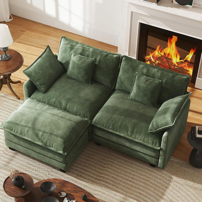 WorthFurni 77" L Shape Cloud Sofa, Modular Sectional Couch with Ottoman, Comfy Chenille Deep Seat Loveseat with Pillow for Living Room Bedroom Apartment (Green)