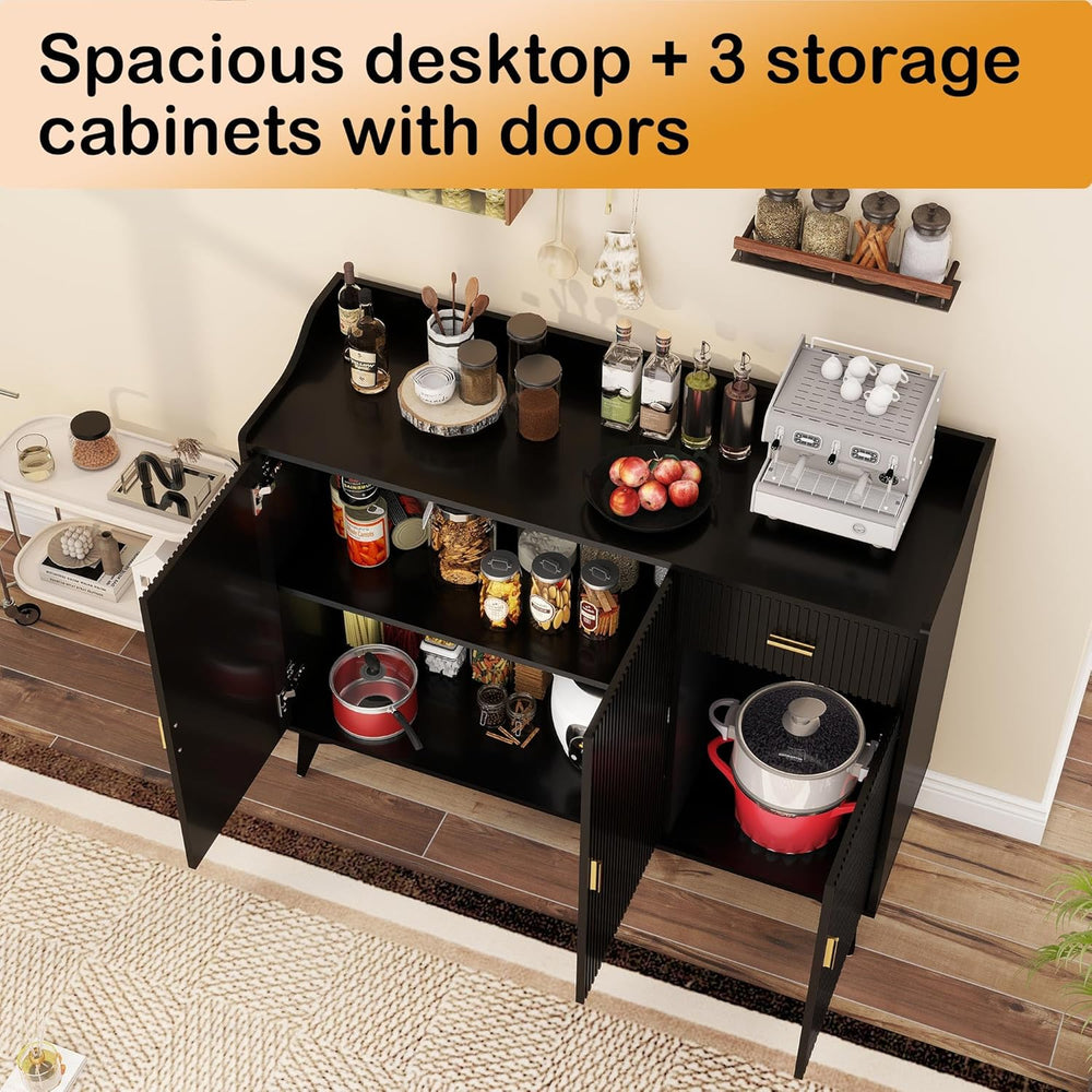 Sideboard Buffet Cabinet with Drawers: 47" Black Fluted Sideboard Cabine...