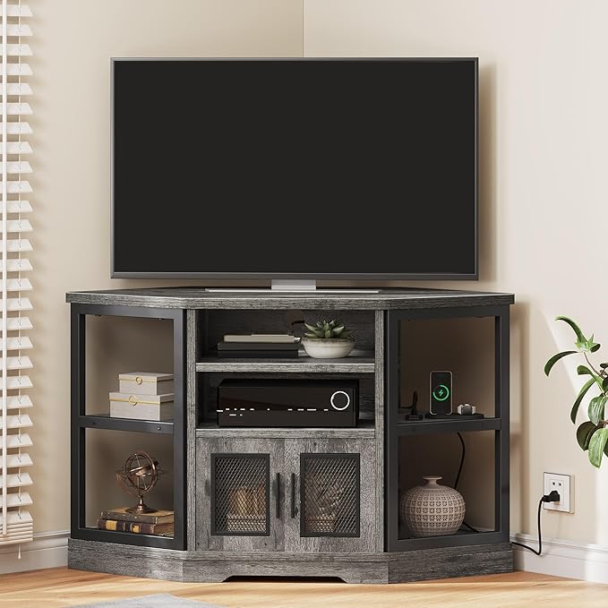 DWVO Corner TV Stand for TVs 50 Inch for Living Room, Modern Farmhouse Entertainment Center with Storage, TV Media Console Cabinet, Grey Oak