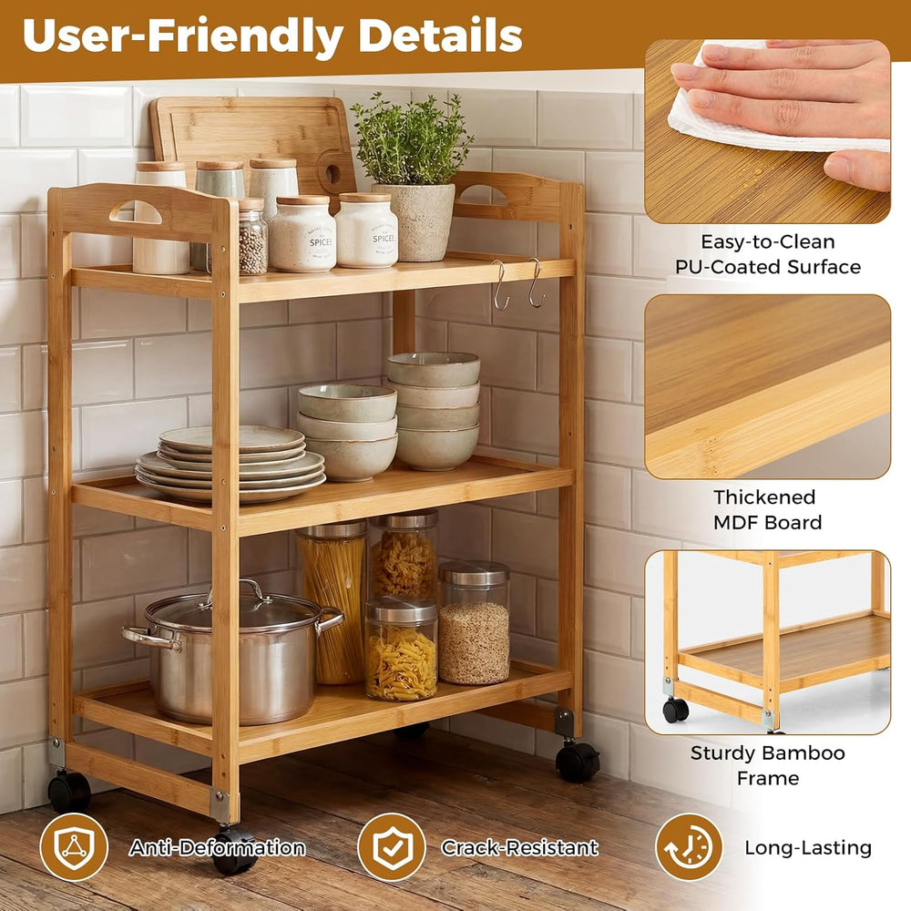 3 Tier Rolling Cart, Bamboo Storage Cart on Wheels with 3 Side Hooks & Ad...