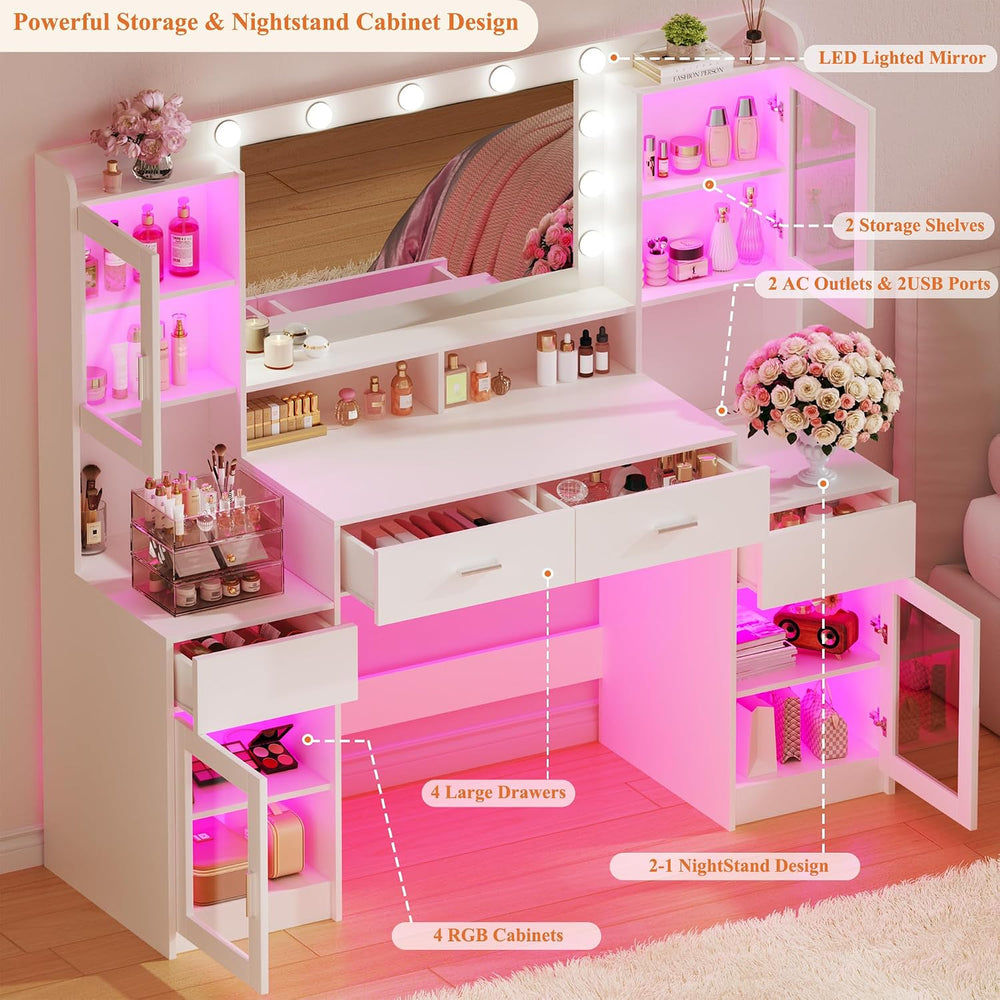 HUAHUU Large Vanity Desk with Mirror & Lights, 54.3'' Makeup Vani...