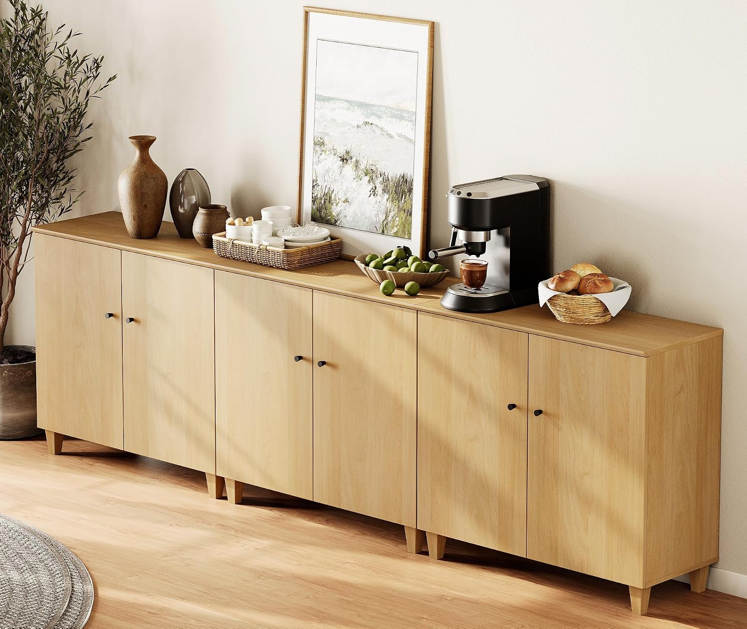 WAMPAT Modern Large Sideboards Credenza Storage Cabinets, 3 Pieces, Oak | 106" Wide Buffet Table w/ Doors & Shelves, Mid Century Tall Media Console, Wood Kitchen Coffee Bar for Living Room, Hallway