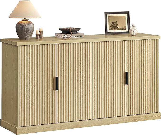 VASAGLE MAXE Collection - Buffet Cabinet, Console Cabinet, Sideboard with Adjustable Shelves, Fluted Doors, Transitional, Kitchen Pantry, Oak Beige UBBK382Y01S