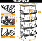 Gsiekare Fruit Vegetable Basket for Kitchen, 5 Tier Stackable Fruit Vegetable Storage Baskets with Wheels, Metal Wire Storage Basket Organizer Baskets for Kitchen, Pantry, Bathroom