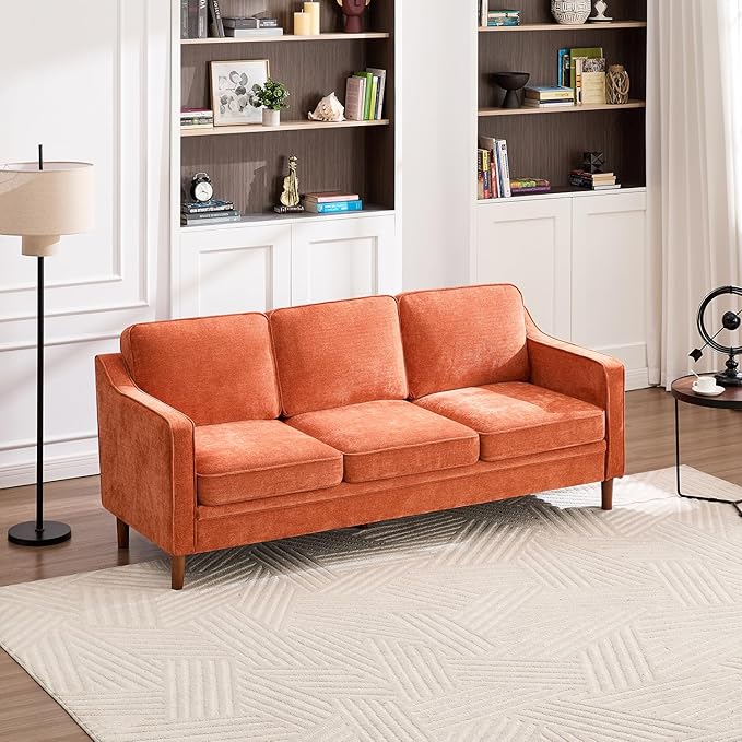 Kingfun 80" Chenille Sofa, 3 Seater Couch, Mid Century Modern Couches with Solid Wood Legs for Living Room & Bedroom, Orange