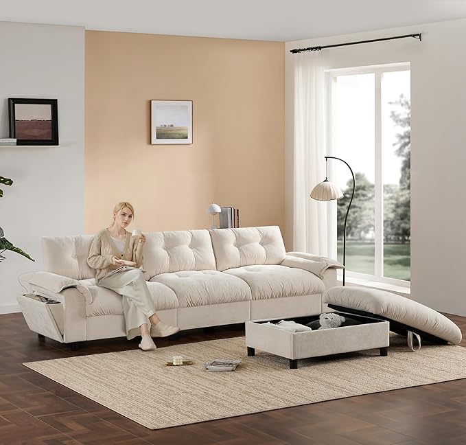 Ball & Cast Modular L Shaped Sectional Sofa with Movable Storage Ottoman and Dual-Port Charging,4 Seater Comfy Cloud Couch W/Side Storage Pockets & Cup Holder,for Living Room,Apartment,Beige,104"