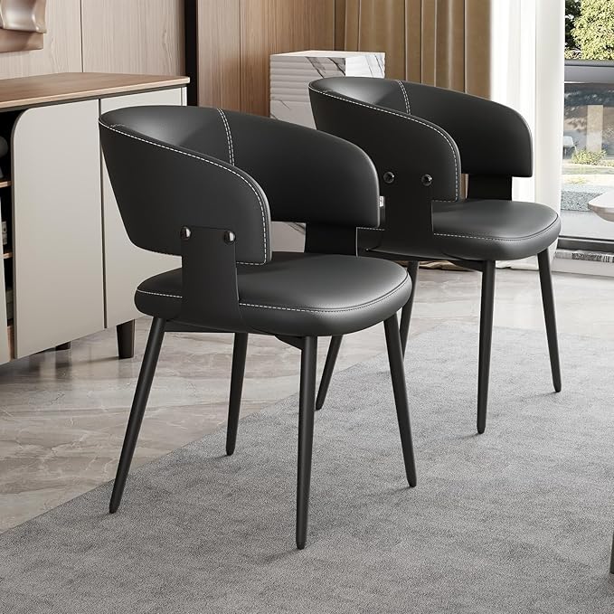 Modern Dining Chairs Set of 6, Faux Leather Upholstered Kitchen Chairs with Curved Back and Metal Legs, Mid Century Chairs for Dining Room, Kitchen, or Café (Black)